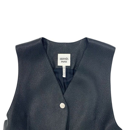 Hermes Outerwear Deerskin Black Long Vest Gilet Serie Button