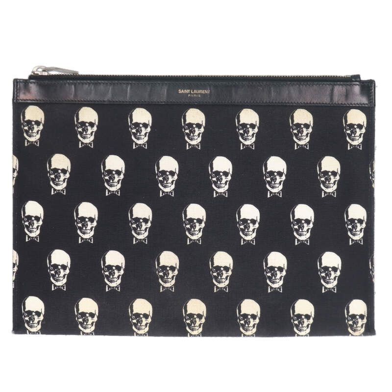 Saint Laurent Paris 397294 Skull Print Leather Cutout Canvas Clutch Bag Men's