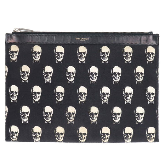 Saint Laurent Paris 397294 Skull Print Leather Cutout Canvas Clutch Bag Men's