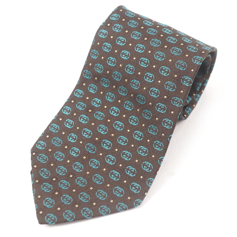 Gucci 100% Silk Interlocking G Total Pattern Cles St Logo Tie Wide Tie Brown