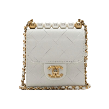 Chanel Mini Matelasse Pearl Chain Shoulder Lambskin White With Gold Hardware