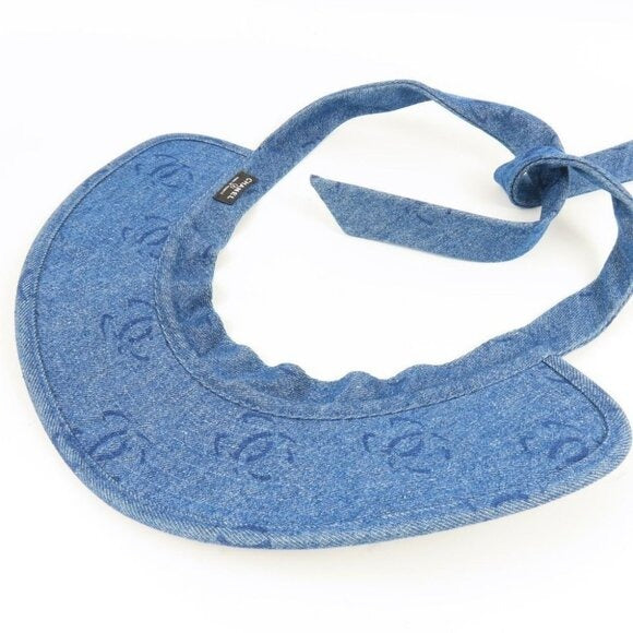 Chanel CC Denim Hat Sun Visor Ribbon Tie Wide Brim Bucket Cap Vintage