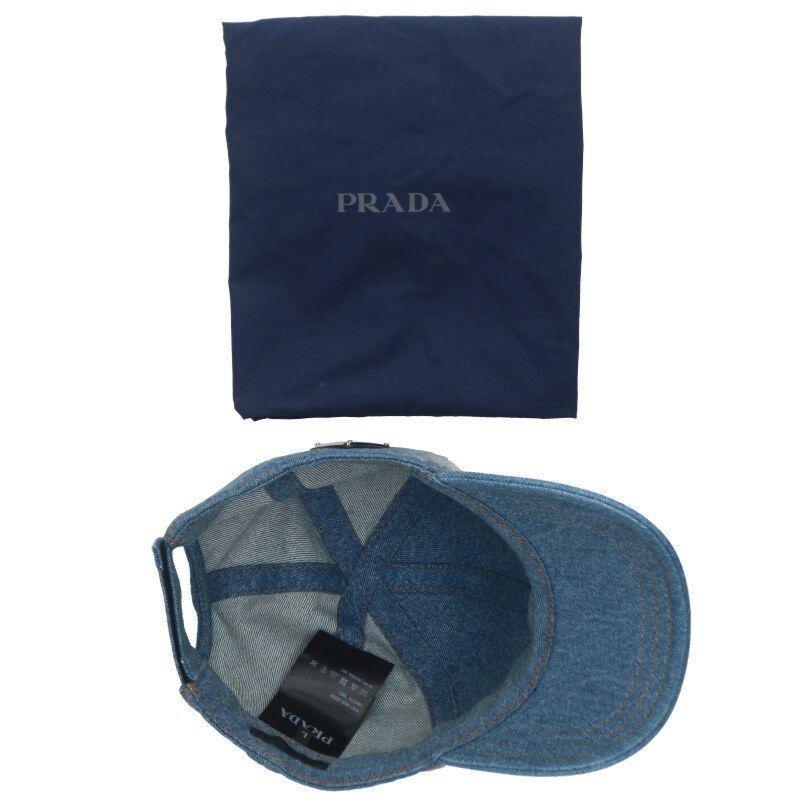 Prada 2hc274 Triangle Plate Washed Denim Hat Men's L