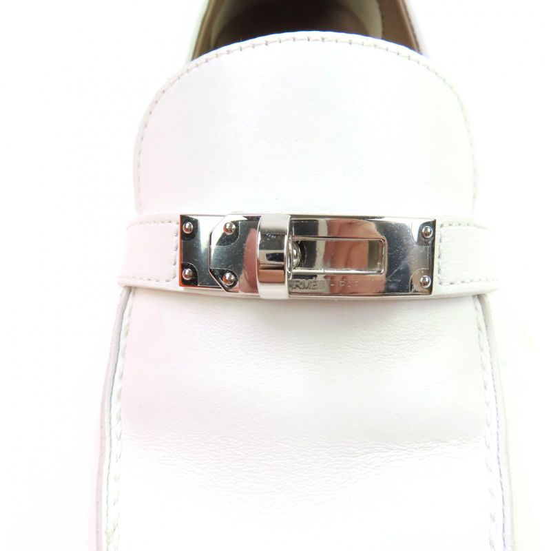 Hermes Moccasin Destin Silver Hardware Leather Loafer With Kelly Buckle White
