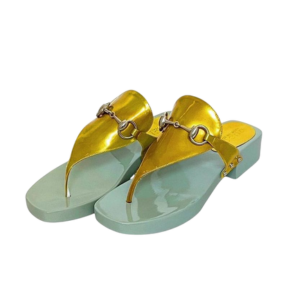 Gucci Sandals Gold Light Blue Horsebit 106 3011 Excellent Condition