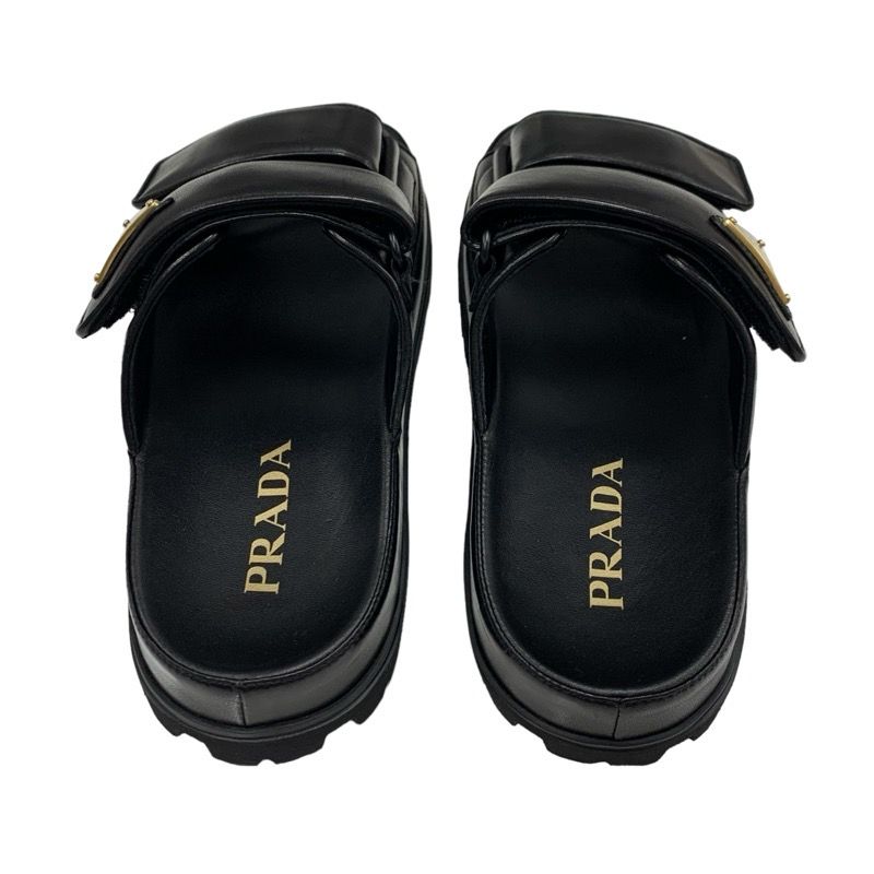 Prada Sandals Shoes Leather Black Unused Slide Sandals Triangle Logo