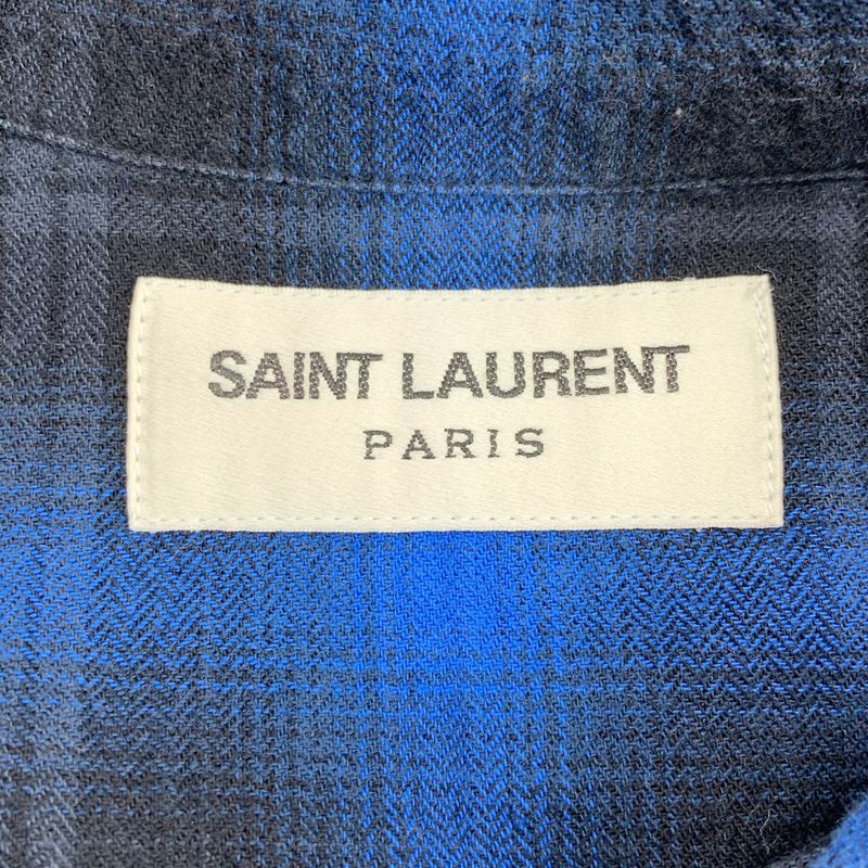 Saint Laurent Paris | Ombre Check Open Collar Short Sleeve Shirt | 36 14 | Blue