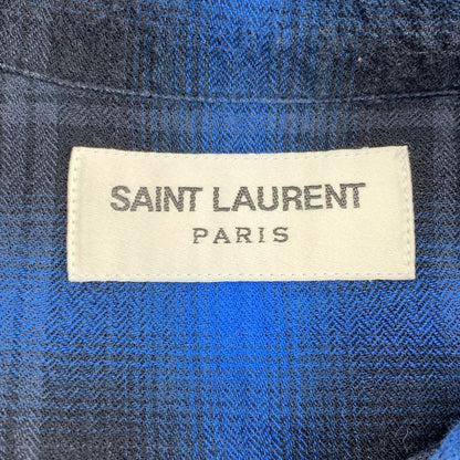 Saint Laurent Paris | Ombre Check Open Collar Short Sleeve Shirt | 36 14 | Blue