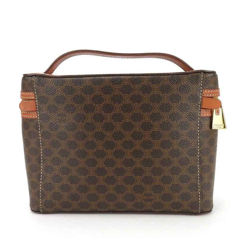Celine Handbag Macadam PVC Leather Brown Gold Hardware Vanity Bag Pouch Ladies