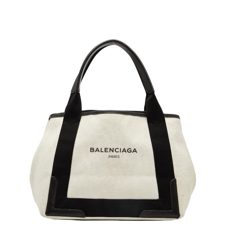Balenciaga Navy Cabas Small 339933 Beige Black Canvas Leather Women's Balenciaga