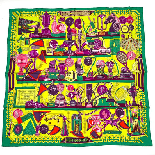 Hermes Carre 90 Scarf Silk LES Trophees Trophy Green And Yellow