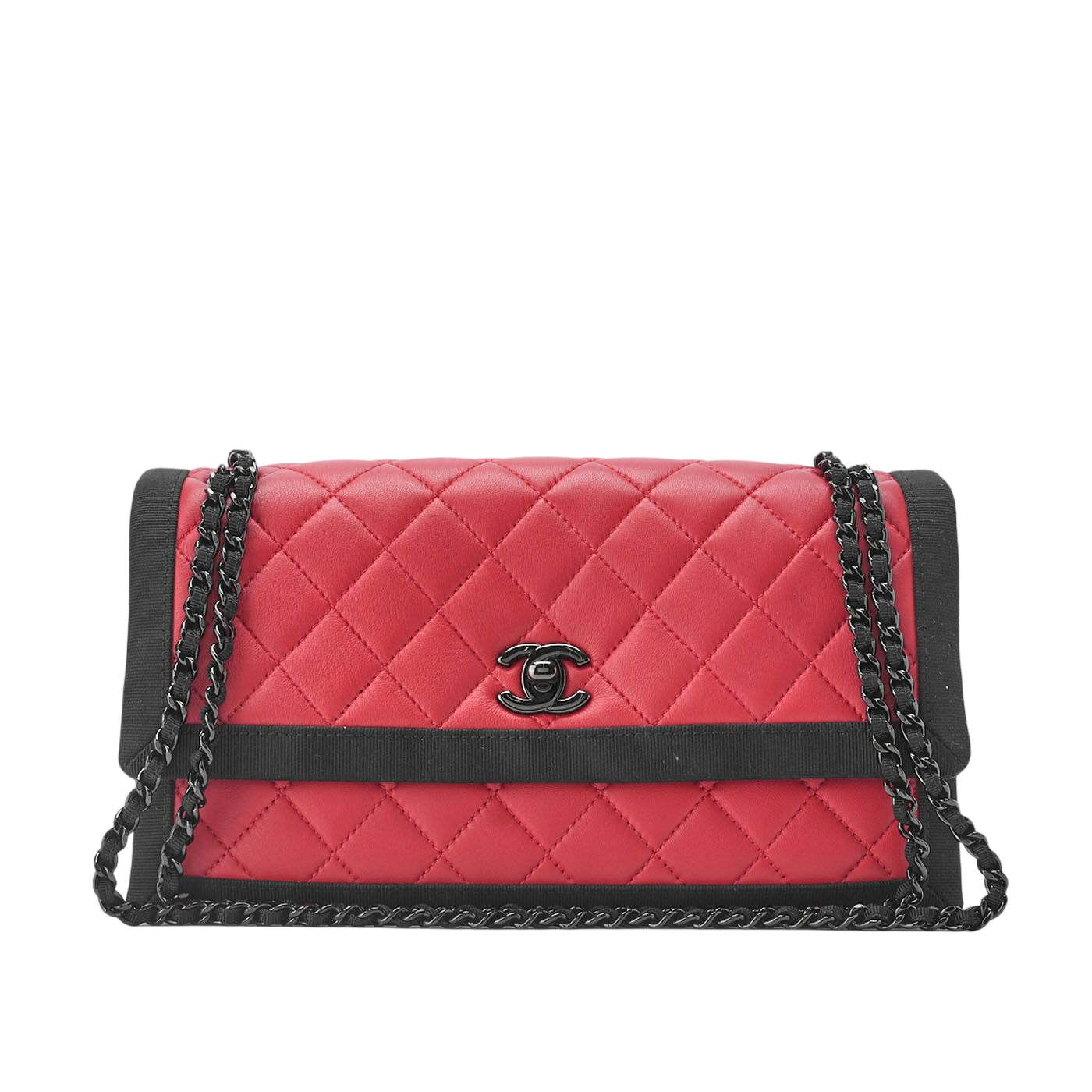 Chanel Matelasse Chain Shoulder Lambskin And Nylon Red And Black (black