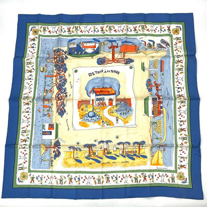 Hermes Carre 90 RE TOUR A LA Terre Back Home 100% Silk Scarf Blue