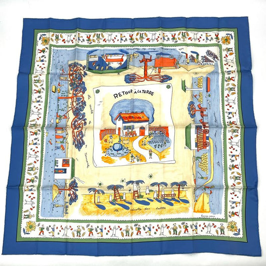 Hermes Carre 90 RE TOUR A LA Terre Back Home 100% Silk Scarf Blue