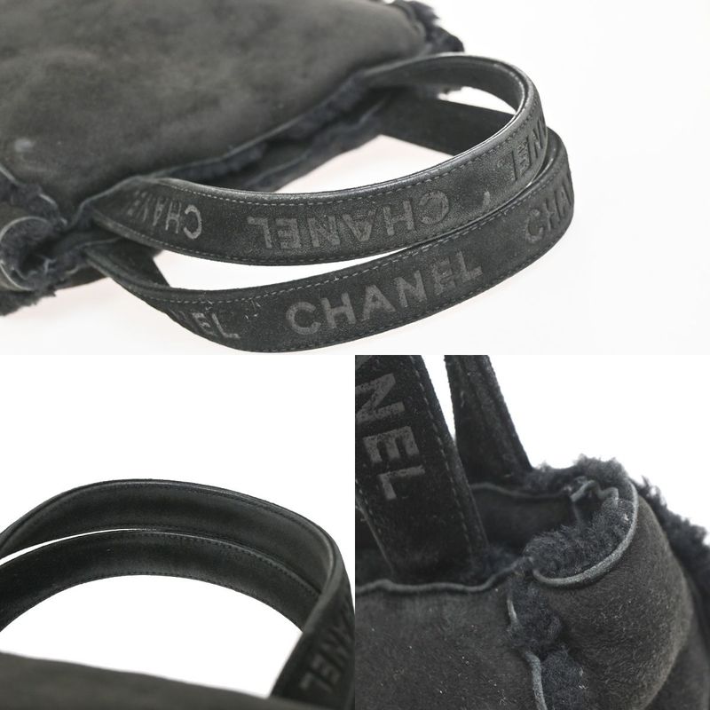 Chanel Handbag Logo Fur Bag Black Leather 34ka824