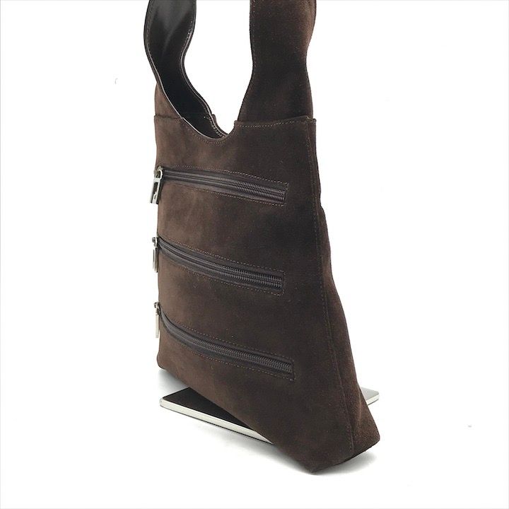 Gucci Suede Triple Zipper Vintage Shoulder Bag Brown