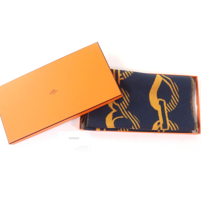 Hermes Dre Buckle Cashmere Echarpe Tisse Fringed Reversible Scarf Navy With Box