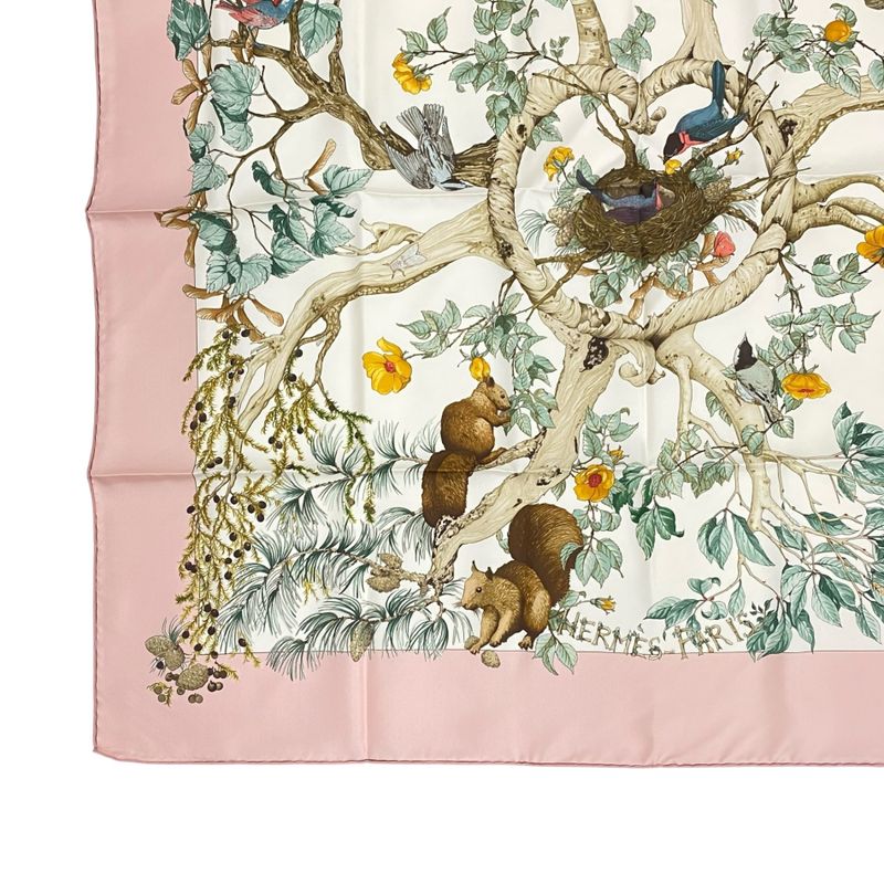 Hermes Scarf Carre 90 AU Coeur DES BOIS In The Woods 100% Silk Pink