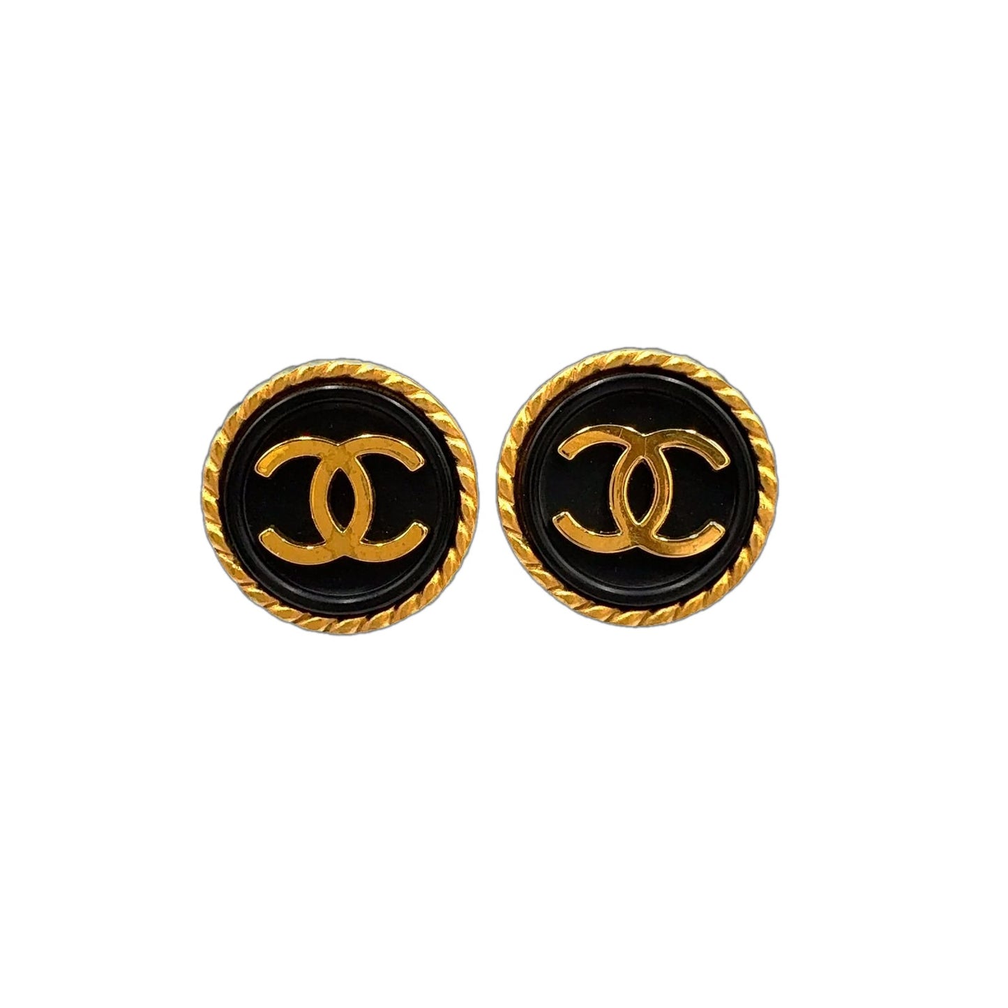 Chanel CC Logo Round Gold Plated Black Earrings