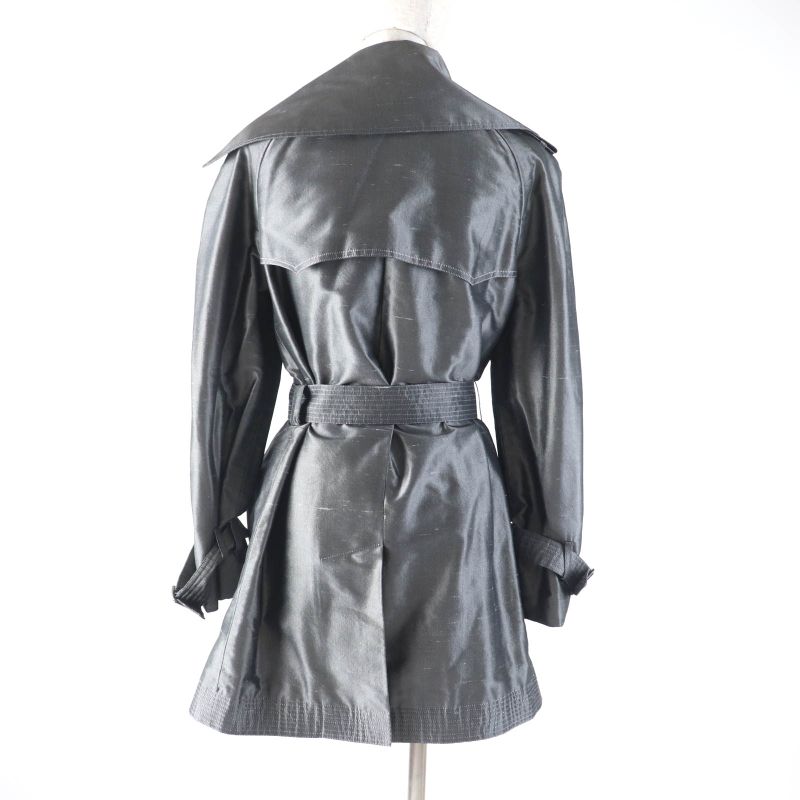 CHANEL 08A P33859 100% Silk Logo Buckle Mid Length Trench Coat Gray 38 Made In