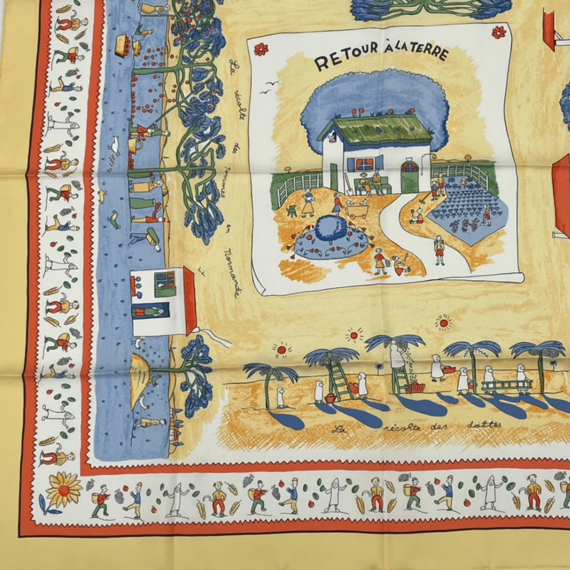 Hermes Carre 90 RE TOUR A LA Terre Homeward Bound Yellow 100% Silk Scarf
