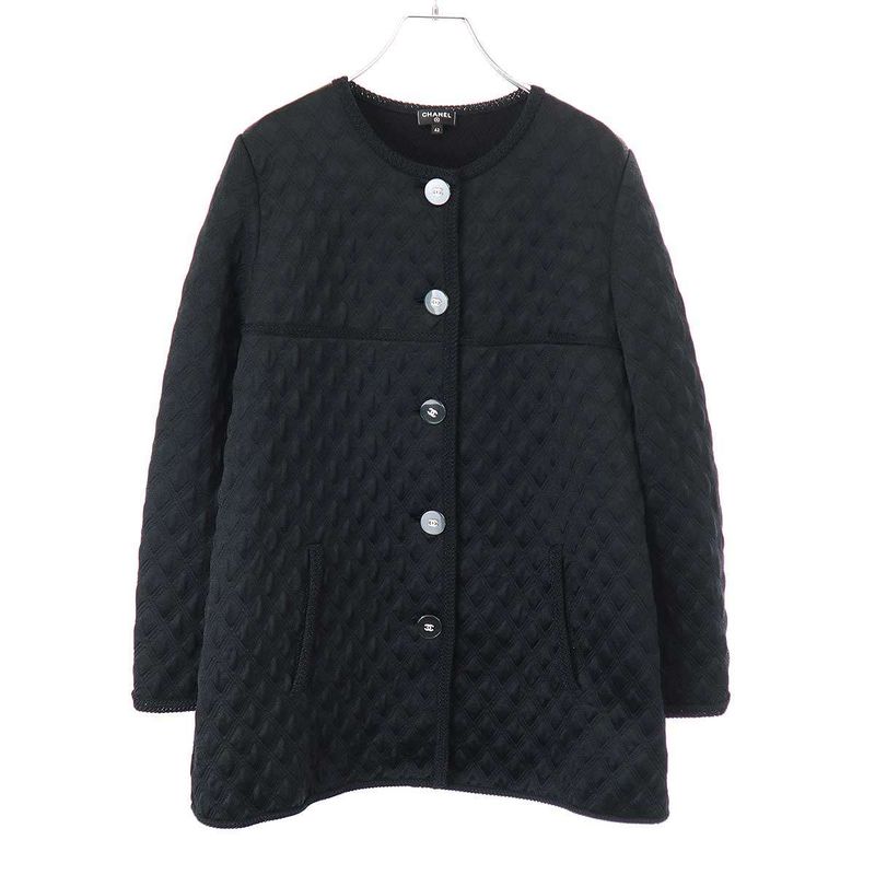 Chanel Silk Quilted No Collar Cardigan Jacket P57087k07441 Black 42
