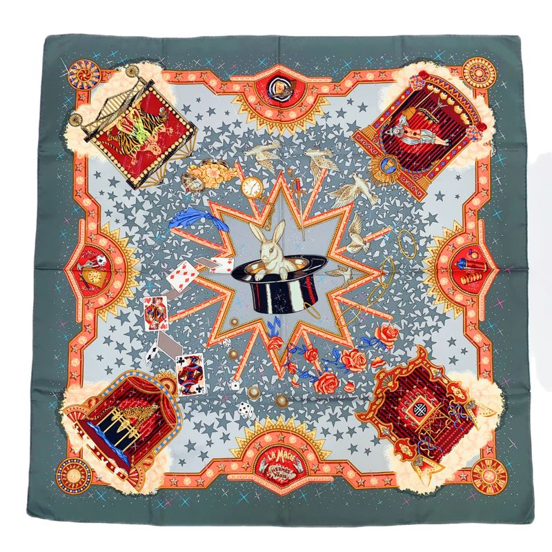 Hermes Carre 90 LA Magie Magic Rabbit Magic Tricks Pigeons Clowns Silk Scarf