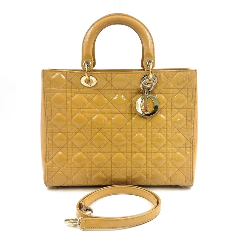 Christian Dior Canage 2WAY Shoulder Bag Enamel Leather Beige Handbag Gold