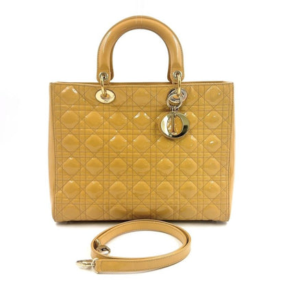 Christian Dior Canage 2WAY Shoulder Bag Enamel Leather Beige Handbag Gold