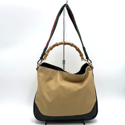 Gucci 001 4095 Handbag Shoulder Bag 2way Bamboo Sherry Line Beige Canvas
