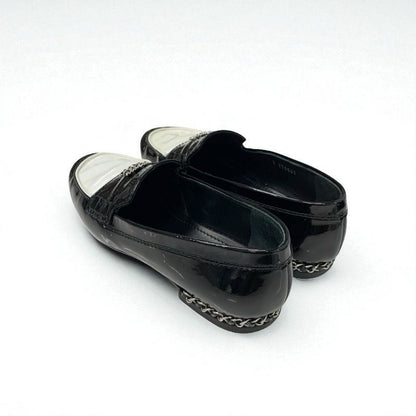 Chanel Loafers Leather Shoes Patent Black White Silver Here Mark Chain Flat