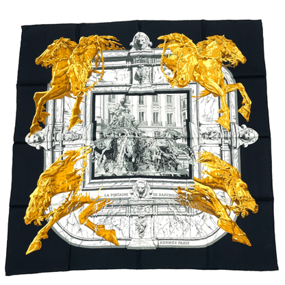Hermes Scarf Silk Carre 90 Bartholdi Fountain Black And Gold