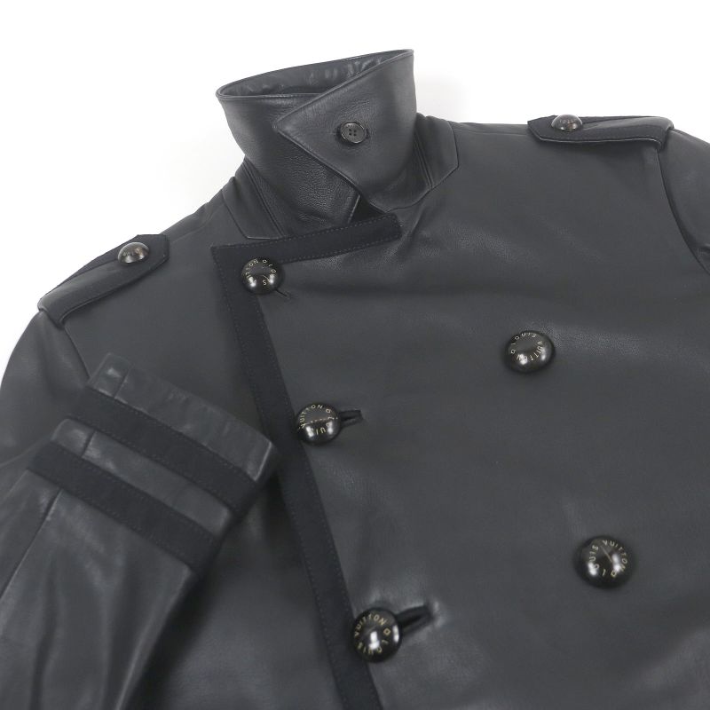 Louis Vuitton Double Breasted Leather Jacket Pea Coat Black 44 Made In France