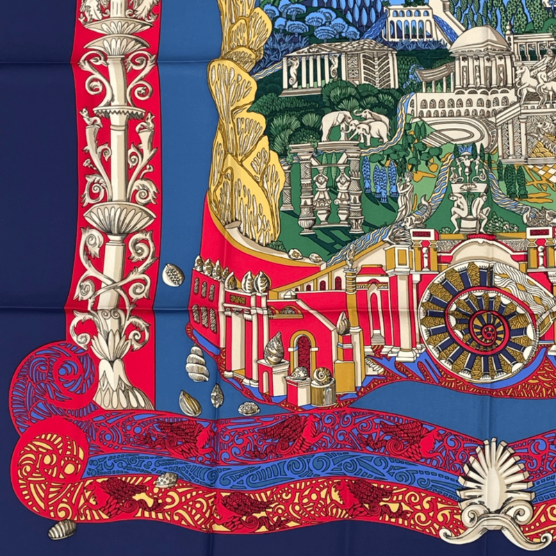 Hermes Carre 90 L Atlantide Atlantis Continental Silk Scarf Navy