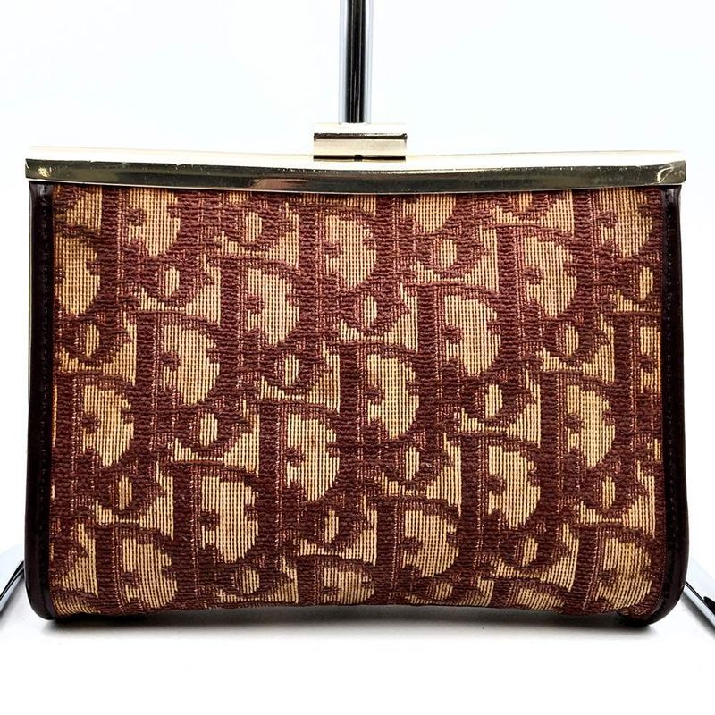 DIOR Pouch Red Gold And Beige Canvas Trotter Clasp Small Pouch Women's
