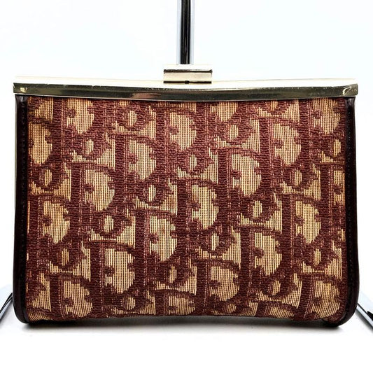 DIOR Pouch Red Gold And Beige Canvas Trotter Clasp Small Pouch Women's