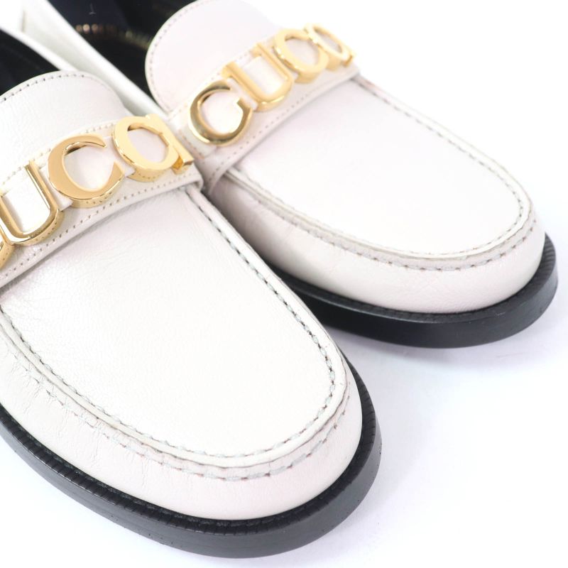 Gucci 700036 Metal Logo Leather Loafer Ivory Gold Hardware 36.5 With Box And