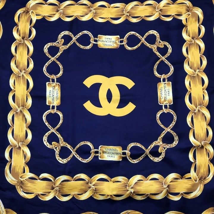 Chanel Chain Logo Scarf Large Silk 100% Navy