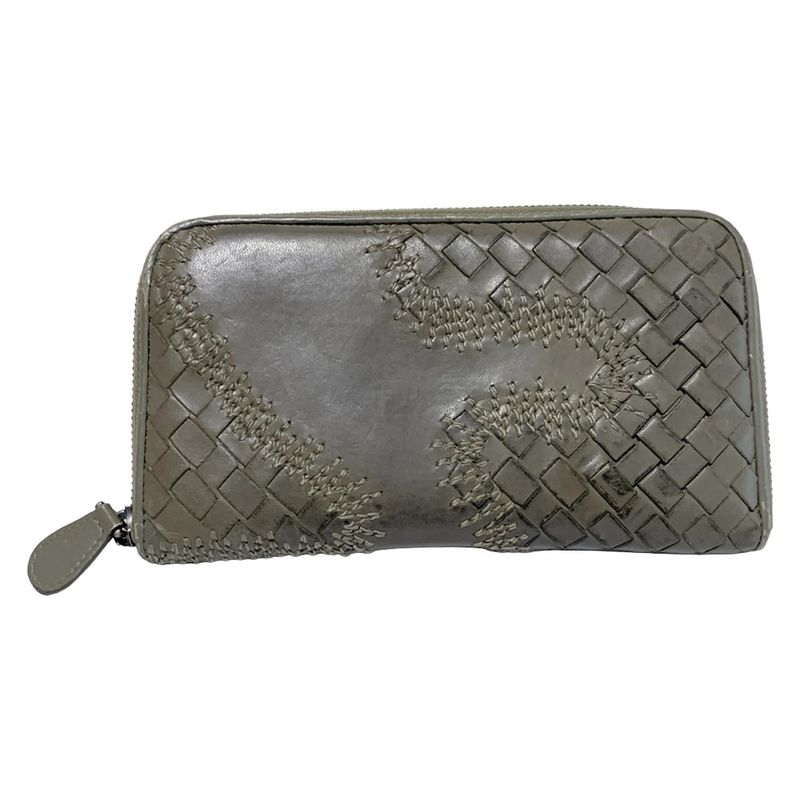 Bottega Veneta Long Wallet Intrecciato 114076 Grey Beige Round Zipper Leather