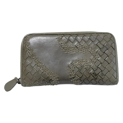 Bottega Veneta Long Wallet Intrecciato 114076 Grey Beige Round Zipper Leather