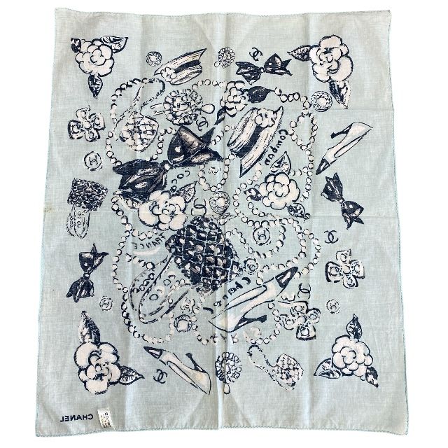 Chanel Scarf Handkerchief Bandana Camellia Logo Coco Mark Light Blue Black