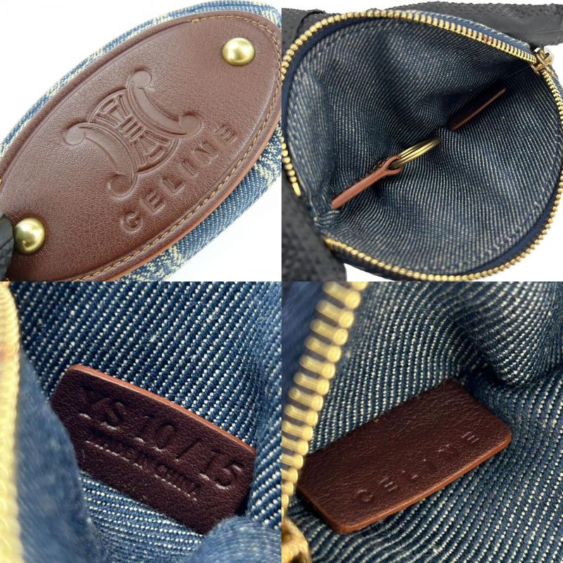 Celine Coin Case Macadam Denim Leather Blue Brown Gold Hardware Key Ring Small