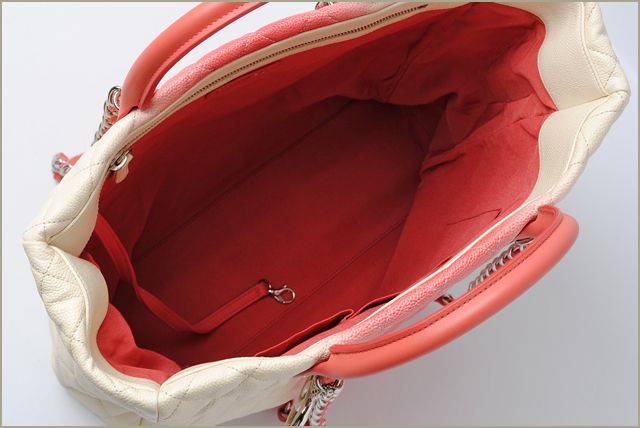 Chanel Tote Shoulder Bag Coral Pink Ivory Caviar Skin 2-way