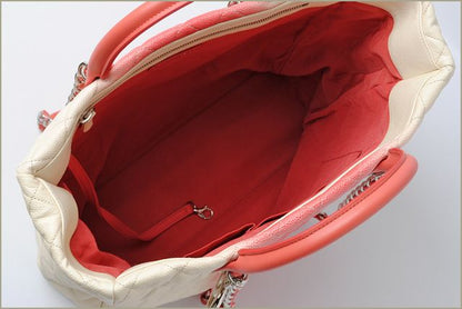 Chanel Tote Shoulder Bag Coral Pink Ivory Caviar Skin 2-way