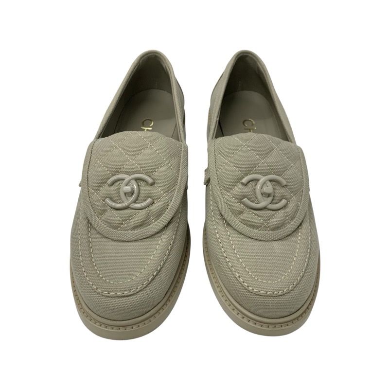 Chanel Loafers Leather Shoes Fabric Beige Here Mark Turn Lock Flat Shoes