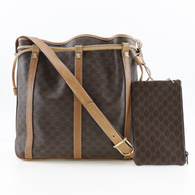 Celine Macadam Drawstring Old Celine PVC Brown Women's Shoulder Bag