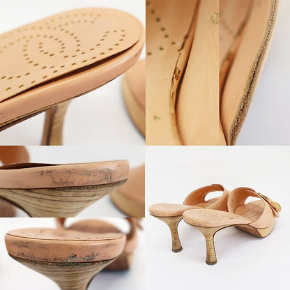 Chanel Sandals Mule Wood Button Coco Mark Pink Beige Size 35.5 22.5cm