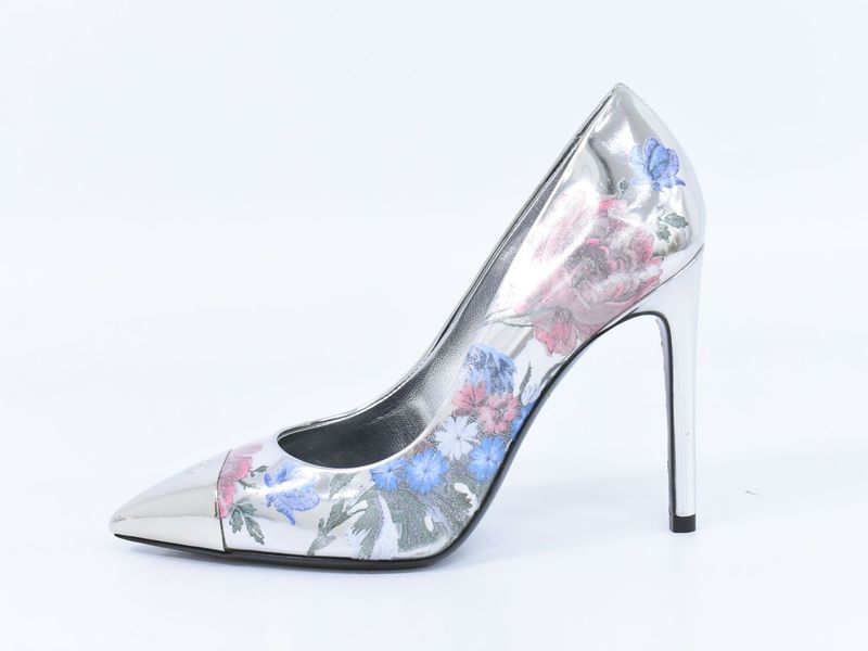 Authentic Louis Vuitton LV Floral Pumps Heels 34H Metallic Cles Zar Silver