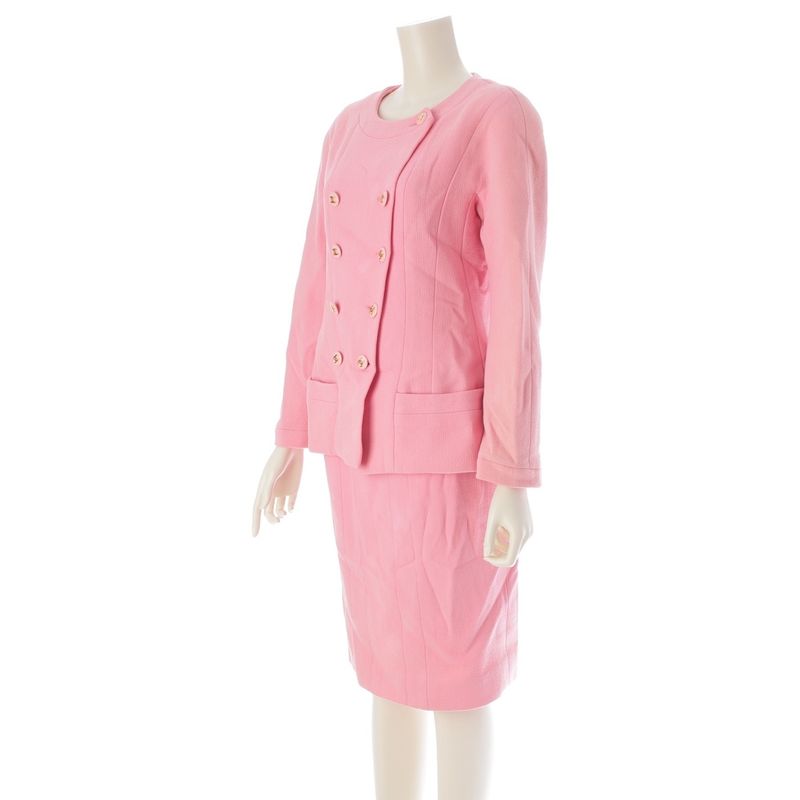 Chanel Vintage Wool Vintage Collarless Jacket Skirt Setup Suit Pink