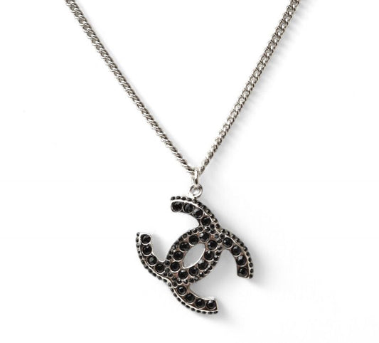 Chanel Necklace Pendant Chanel Coco Mark Rhinestone Black Silver 05A